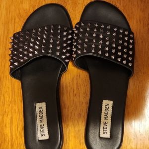 Steve Madden Farryn Black Leather Studded Slide Sandals